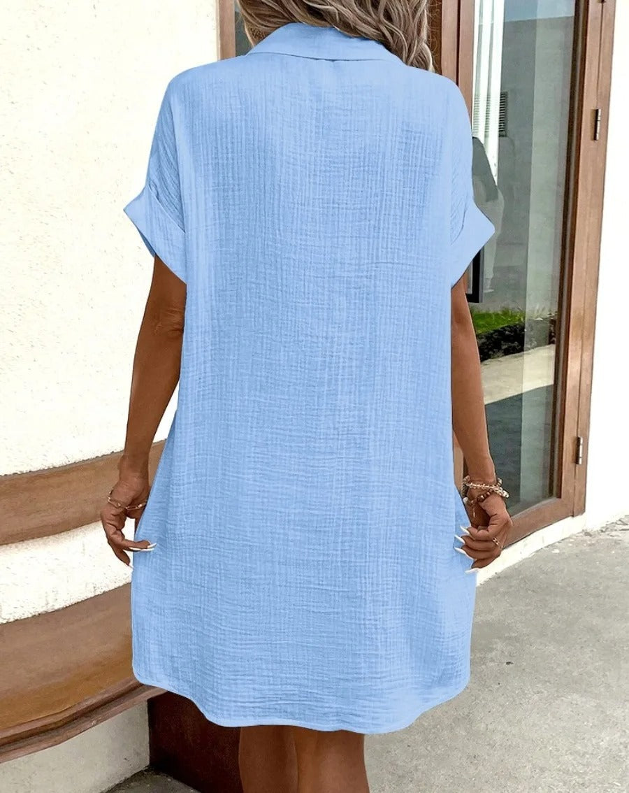 Women's Button Down Linen Short Sleeve Shirt Dress With Pockets
