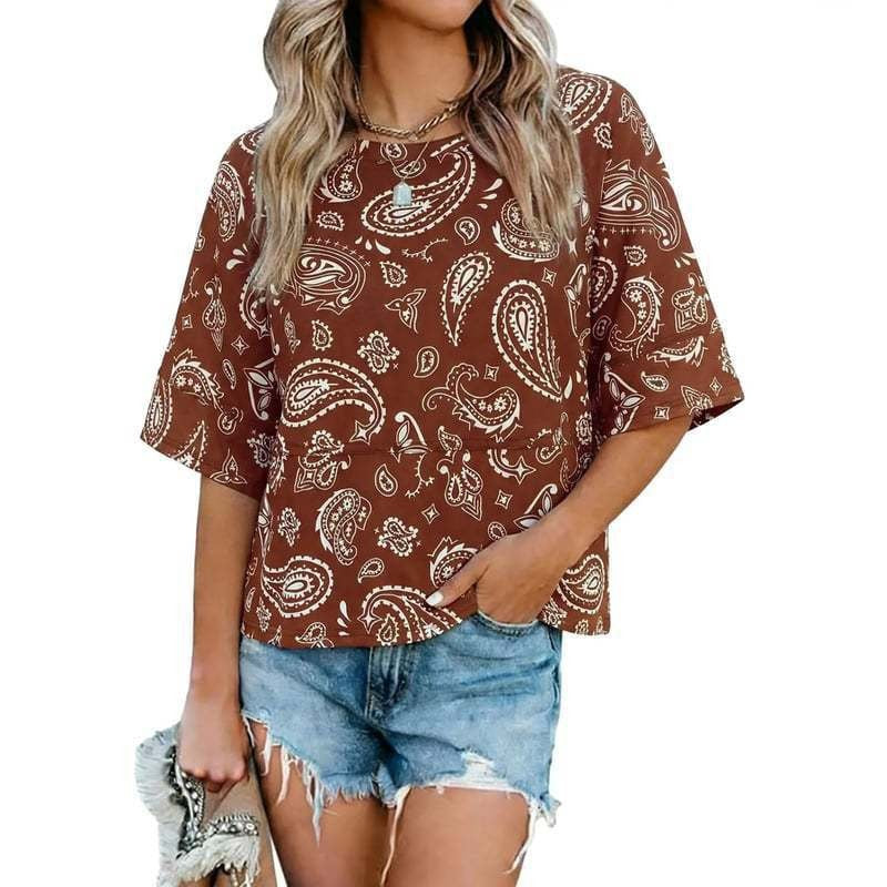 Relaxed Flared Sleeve T-Shirt - Brown Paisley