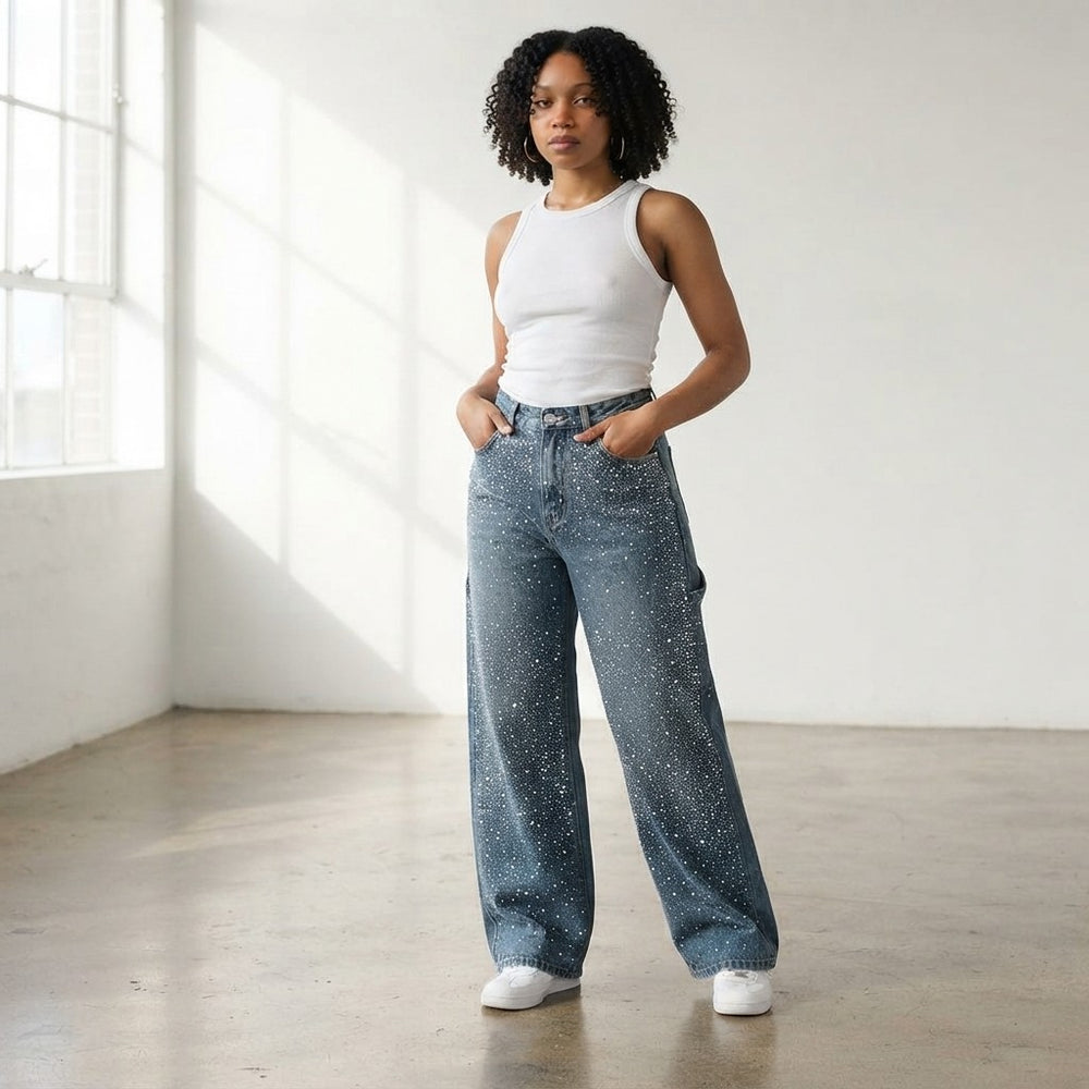 Rhinestone Embellished Wide Leg Jeans