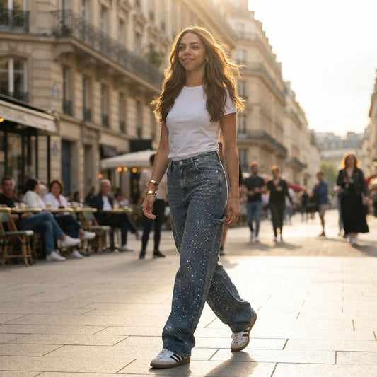 Rhinestone Embellished Wide Leg Jeans
