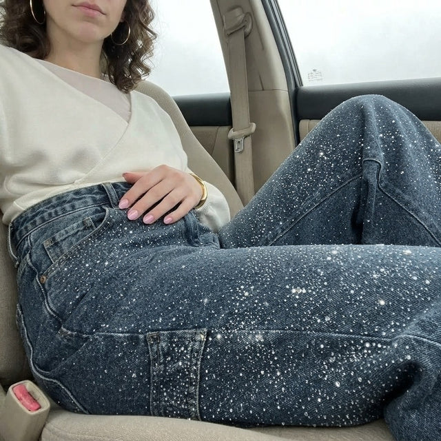 Rhinestone Embellished Wide Leg Jeans