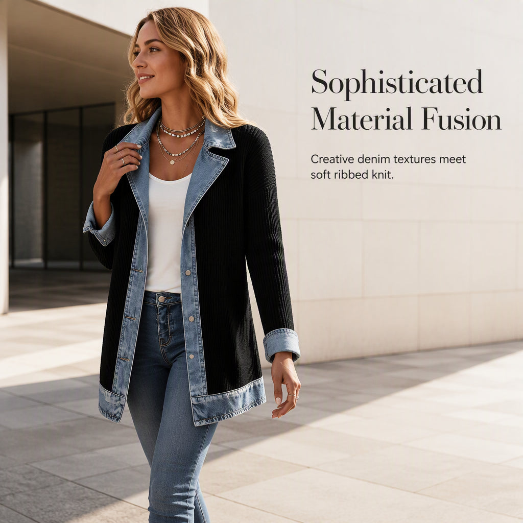 Denim and ribbed knit material fusion