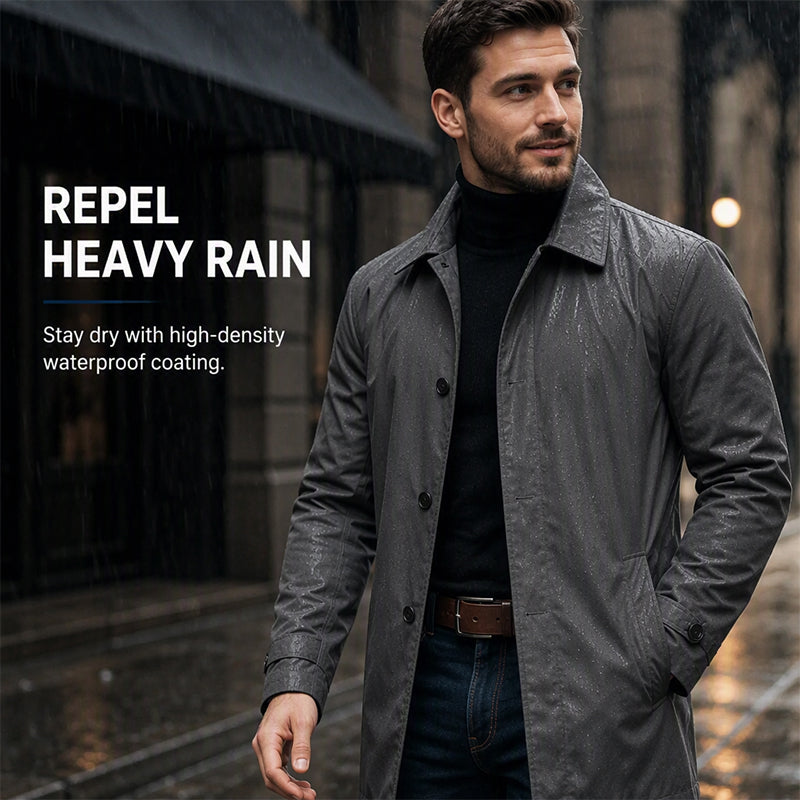 Grey men's trench coat worn in heavy rain